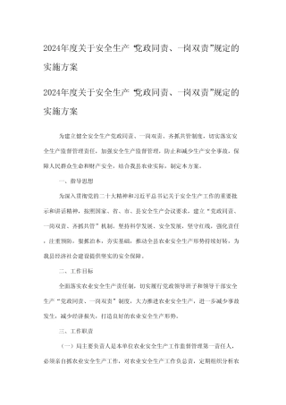 2024年度关于安全生产“党政同责、一岗双责”规定的实施方案 