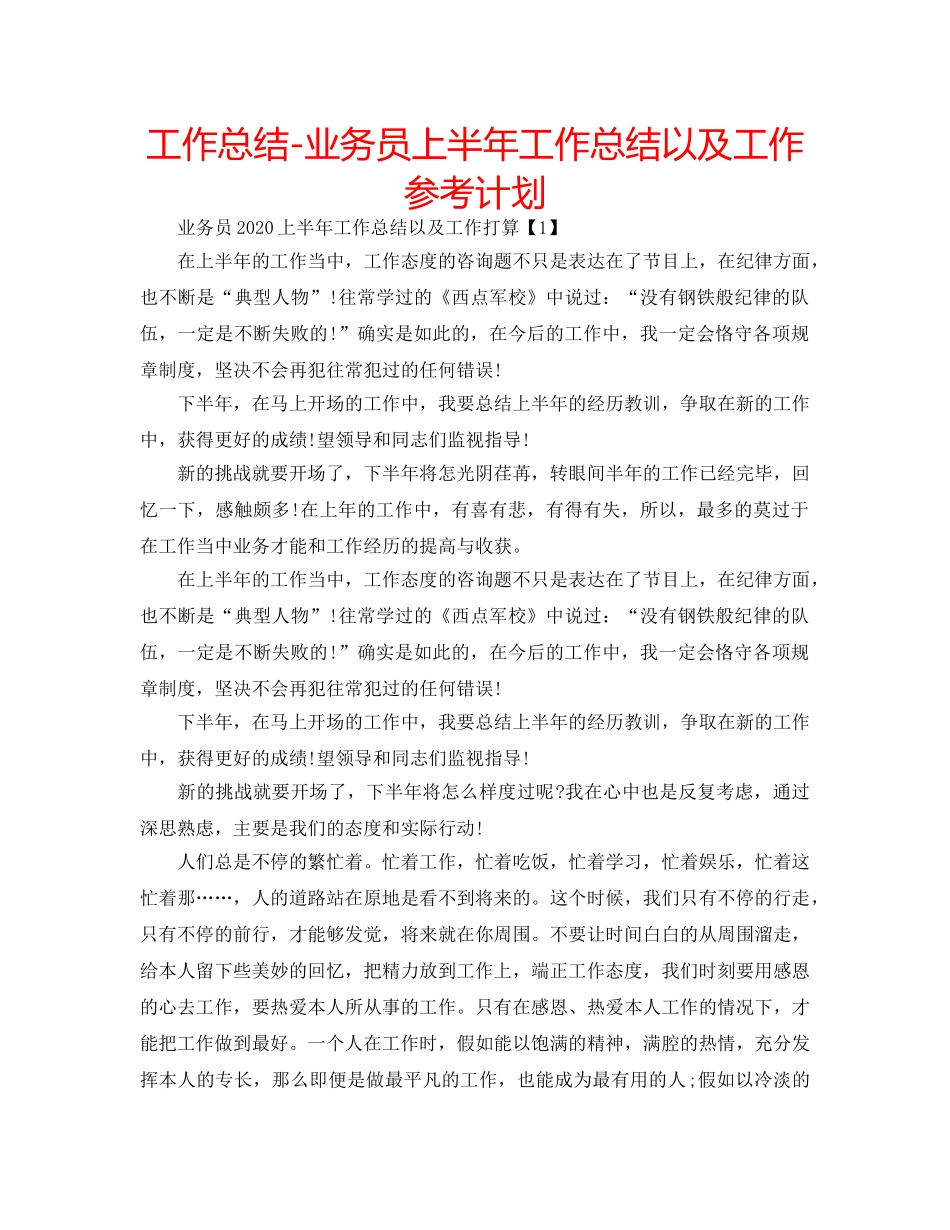 工作总结-业务员上半年工作总结以及工作参考计划 _第1页