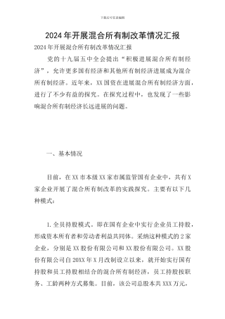 2024年开展混合所有制改革情况汇报