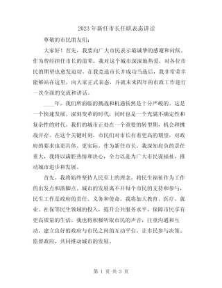 2023年新任市长任职表态讲话 