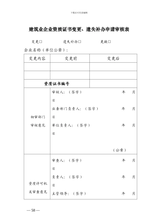 建筑业企业资质证书变更、遗失补办申请审核表