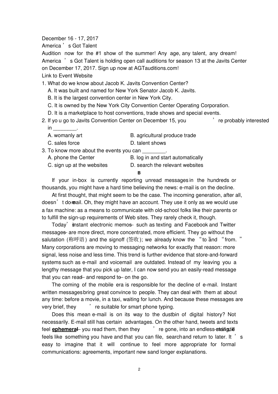 华南师大附中2018届高三综合测试三英语_第2页