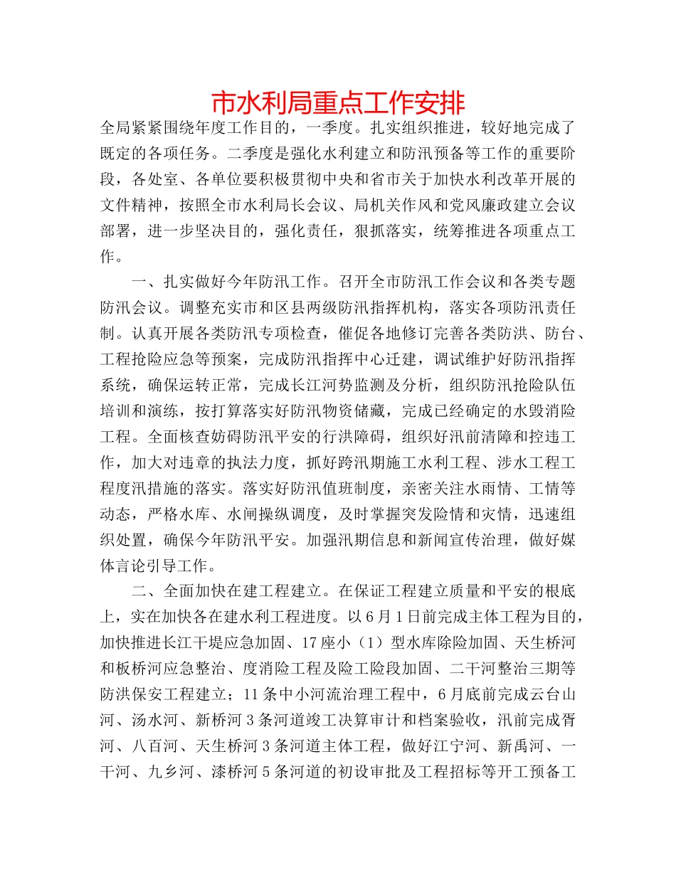 市水利局重点工作安排 _第1页