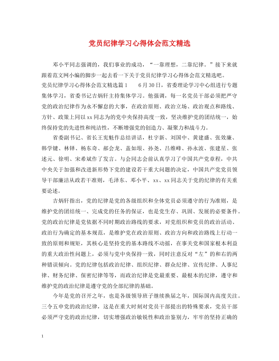 党员纪律学习心得体会范文精选 _第1页