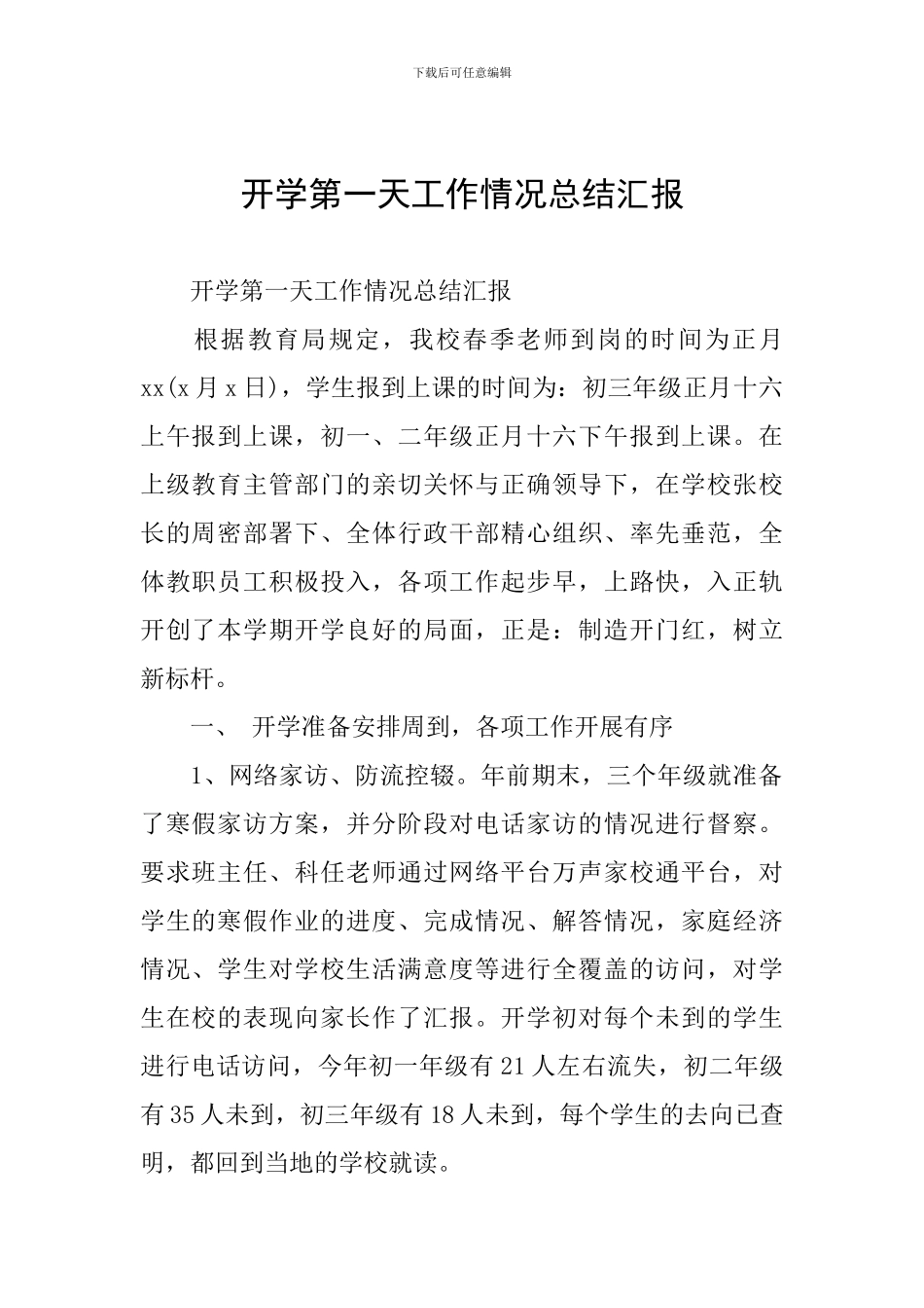 开学第一天工作情况总结汇报_第1页
