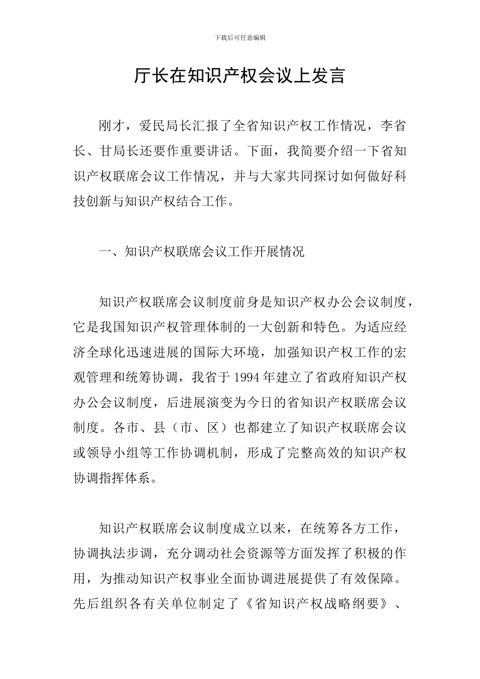 厅长在知识产权会议上发言_第1页