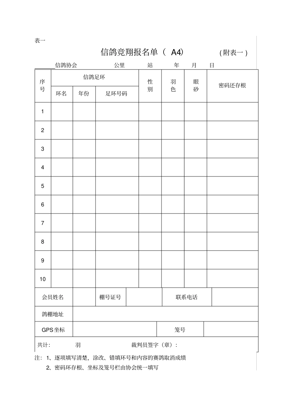 协会比赛常用表格竞翔单监放单报道单验鸽报告表_第1页