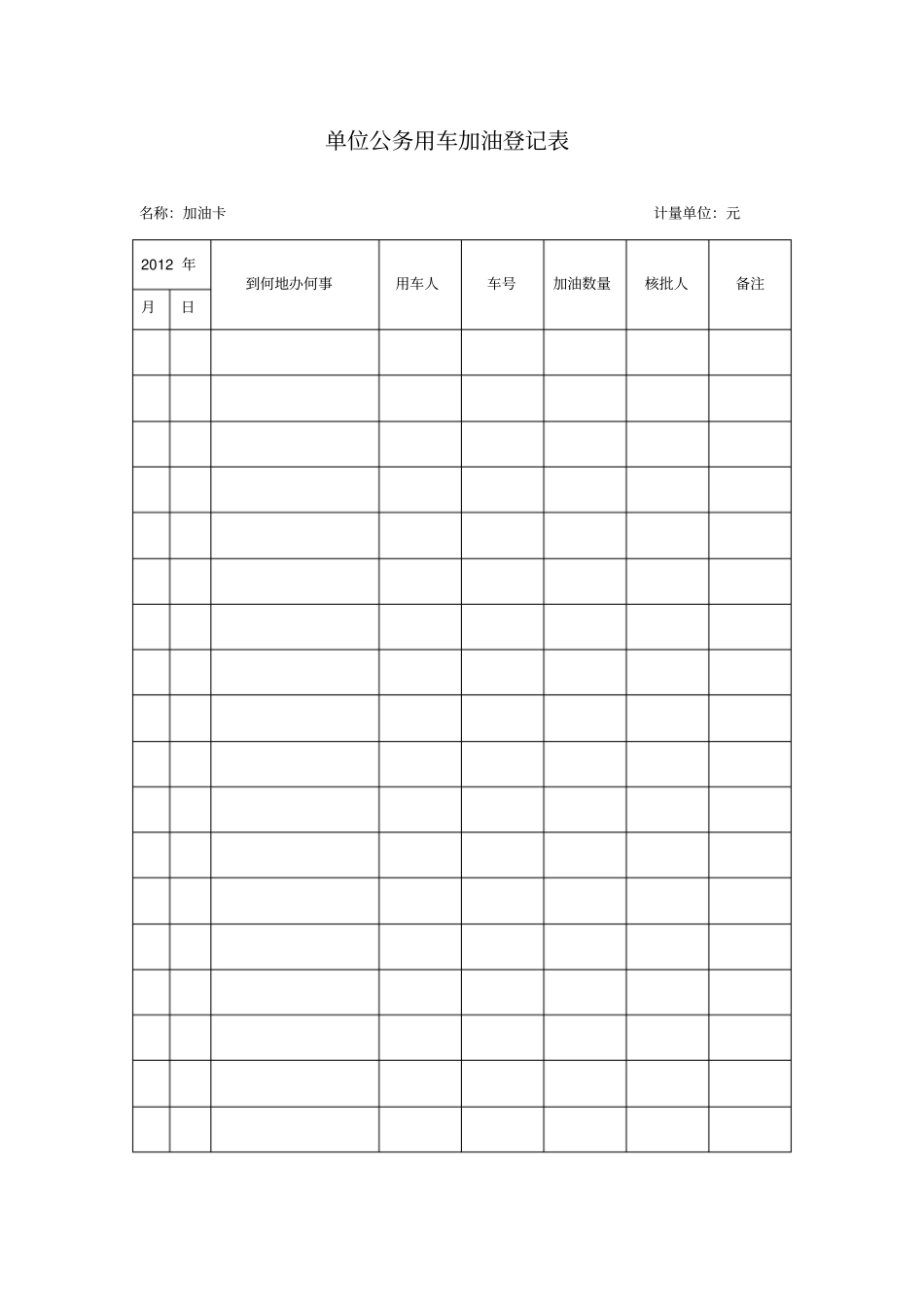 单位公务用车加油登记表格模板_第1页