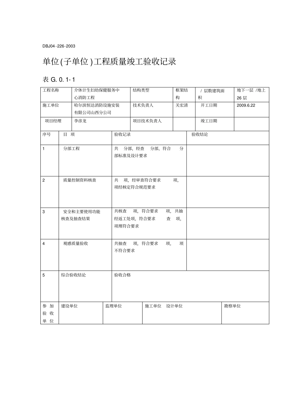 单位子单位工程质量控制资料核查记录表_第1页