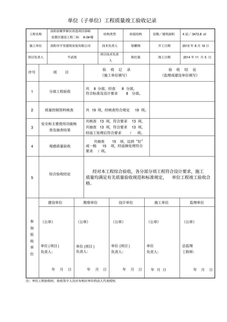 单位子单位工程质量竣工验收记录最新版2013年修3_第1页