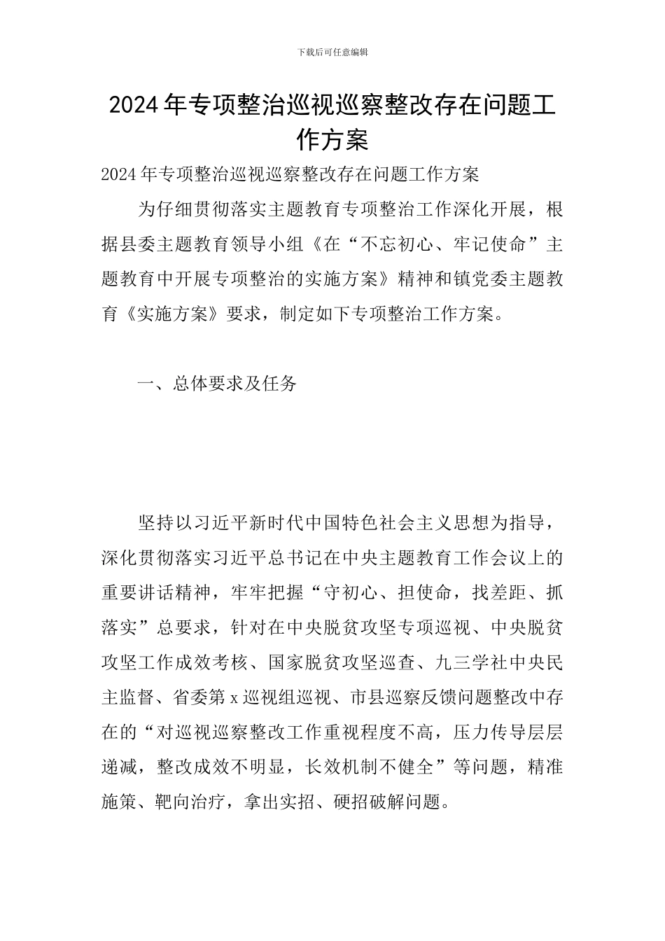 2024年专项整治巡视巡察整改存在问题工作方案_第1页