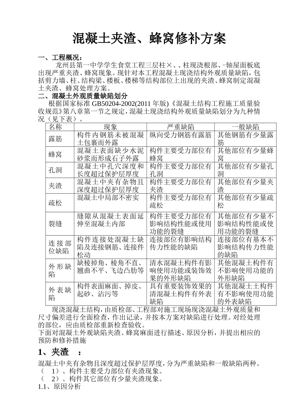 混凝土夹渣、蜂窝修补方案_第1页
