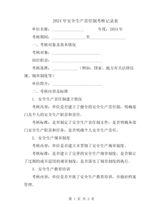 2024年安全生产责任制考核记录表