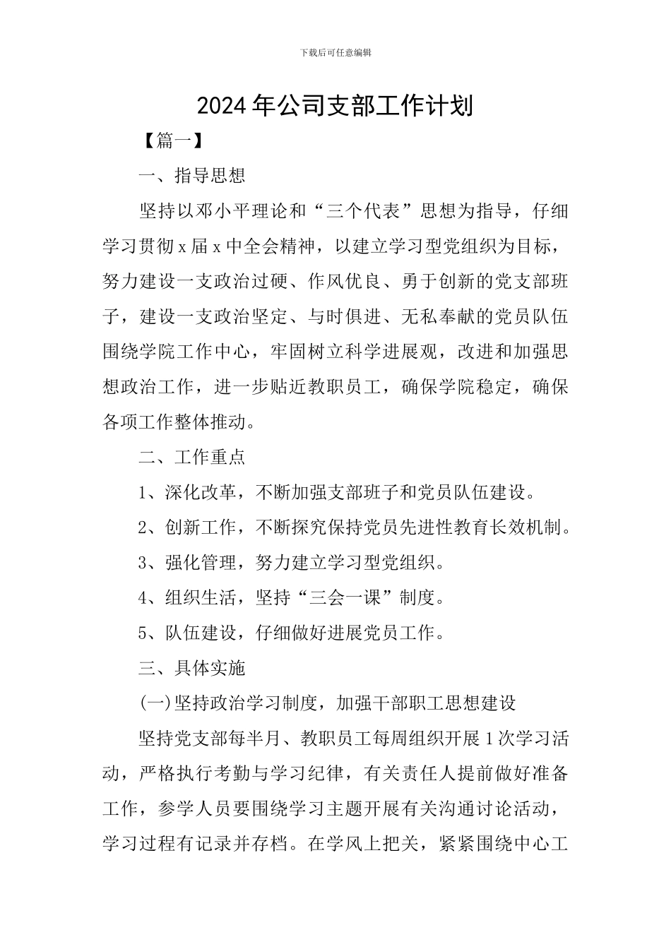 2024年公司支部工作计划_第1页