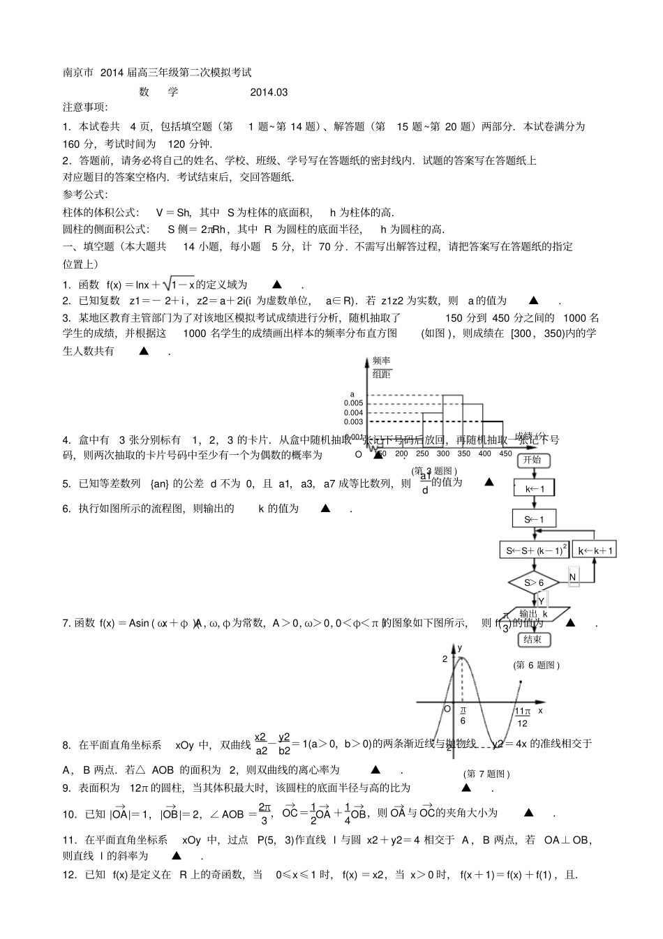 南京、盐城2014届高三年级第二次模拟考试数学试题及答案_第1页