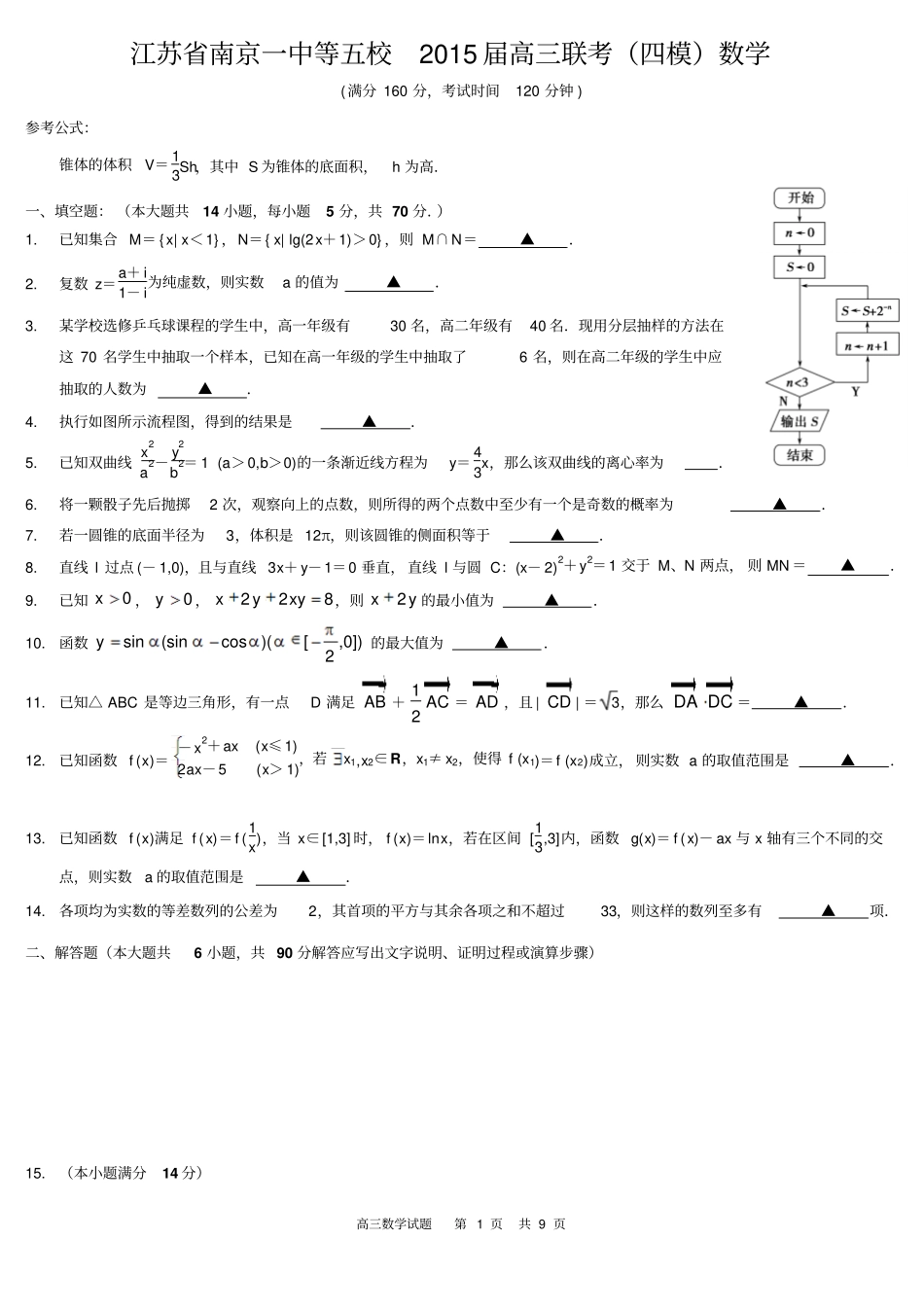 南京一中等五校联考四模高三数学试卷_第1页