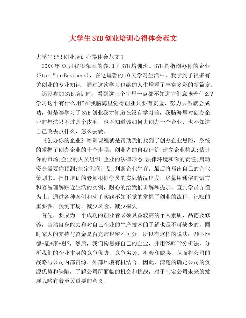 大学生SYB创业培训心得体会范文 _第1页