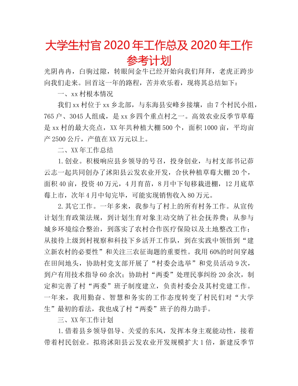 大学生村官2020年工作总及2020年工作参考计划 _第1页