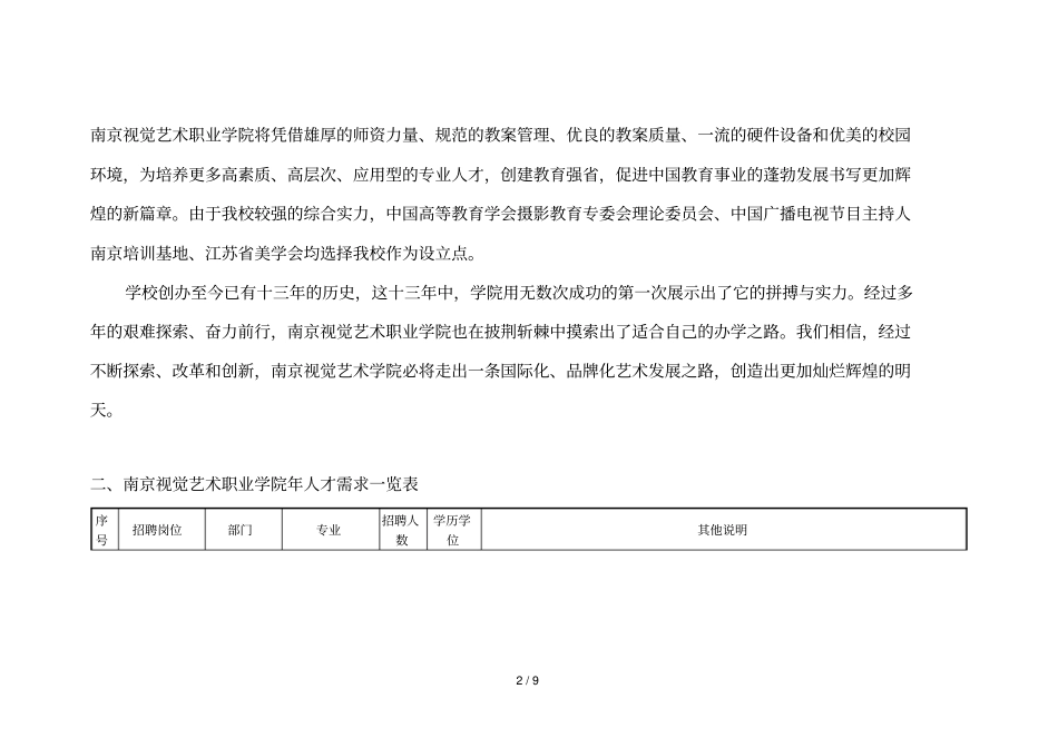 南京视觉艺术职业学院2018年岗位招聘计划_第2页