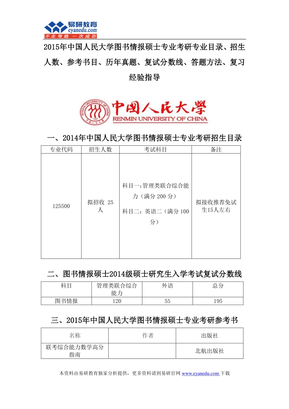 2015中国人民大学图书情报硕士专业考研专业目录招生人数参考书目历年真题复试分数线答题方法_第1页