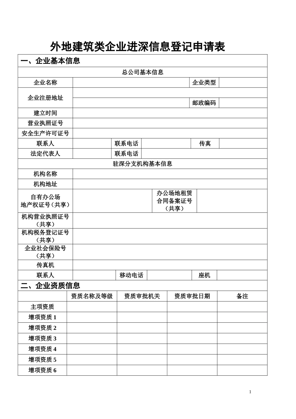 外地建筑类企业进深信息登记申请表_第1页