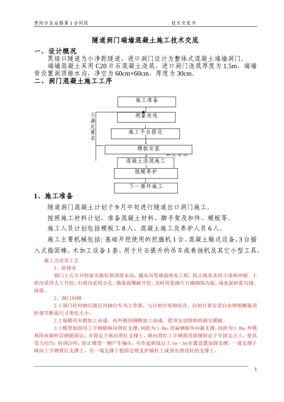 隧道进口端墙式洞门技术交底书_第1页