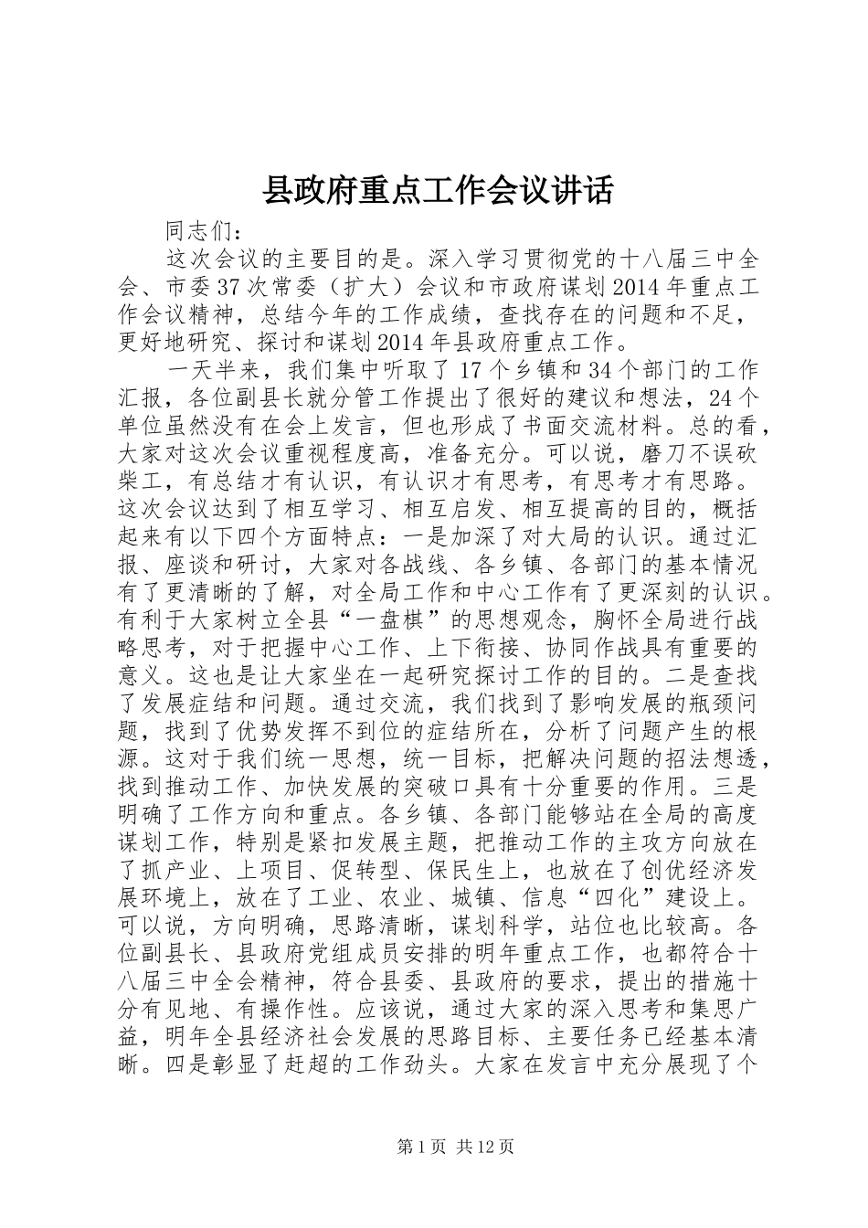 县政府重点工作会议讲话发言_第1页