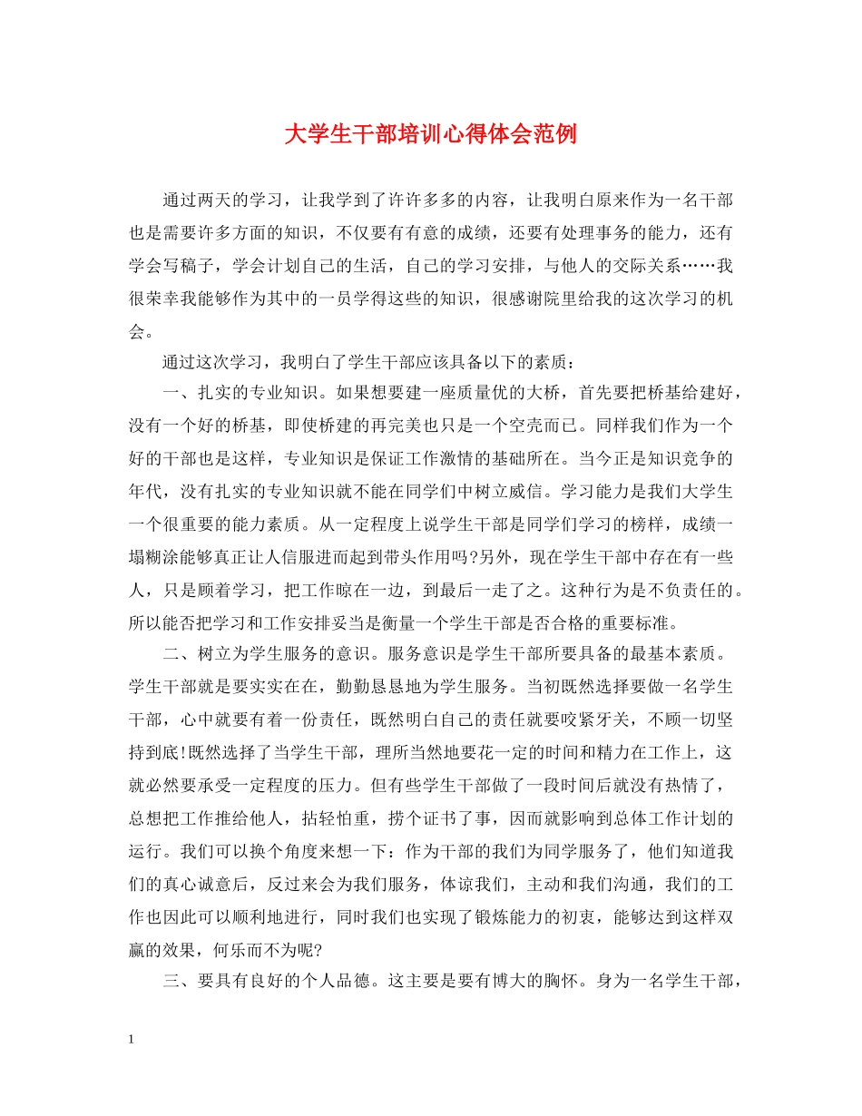 大学生干部培训心得体会范例 _第1页