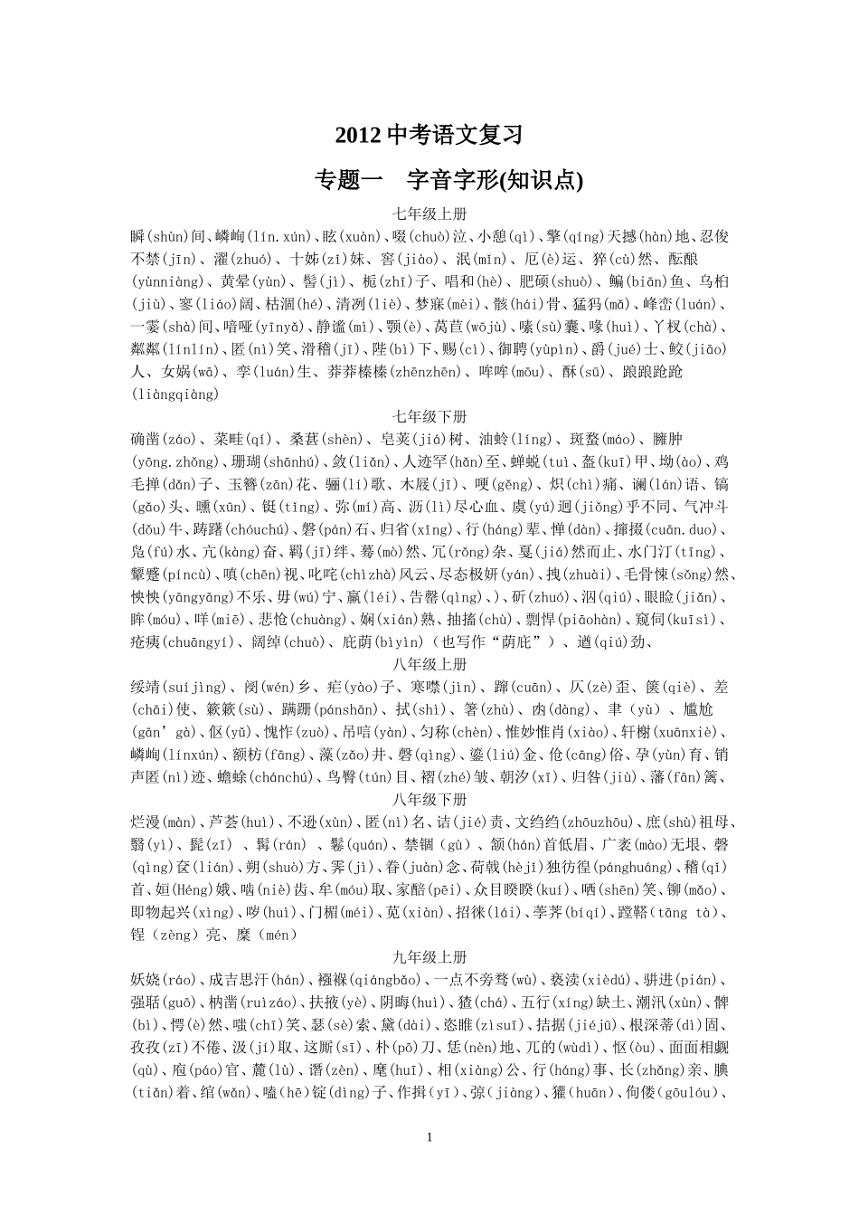 一、中考语文字音字形和书写部分专题_第1页