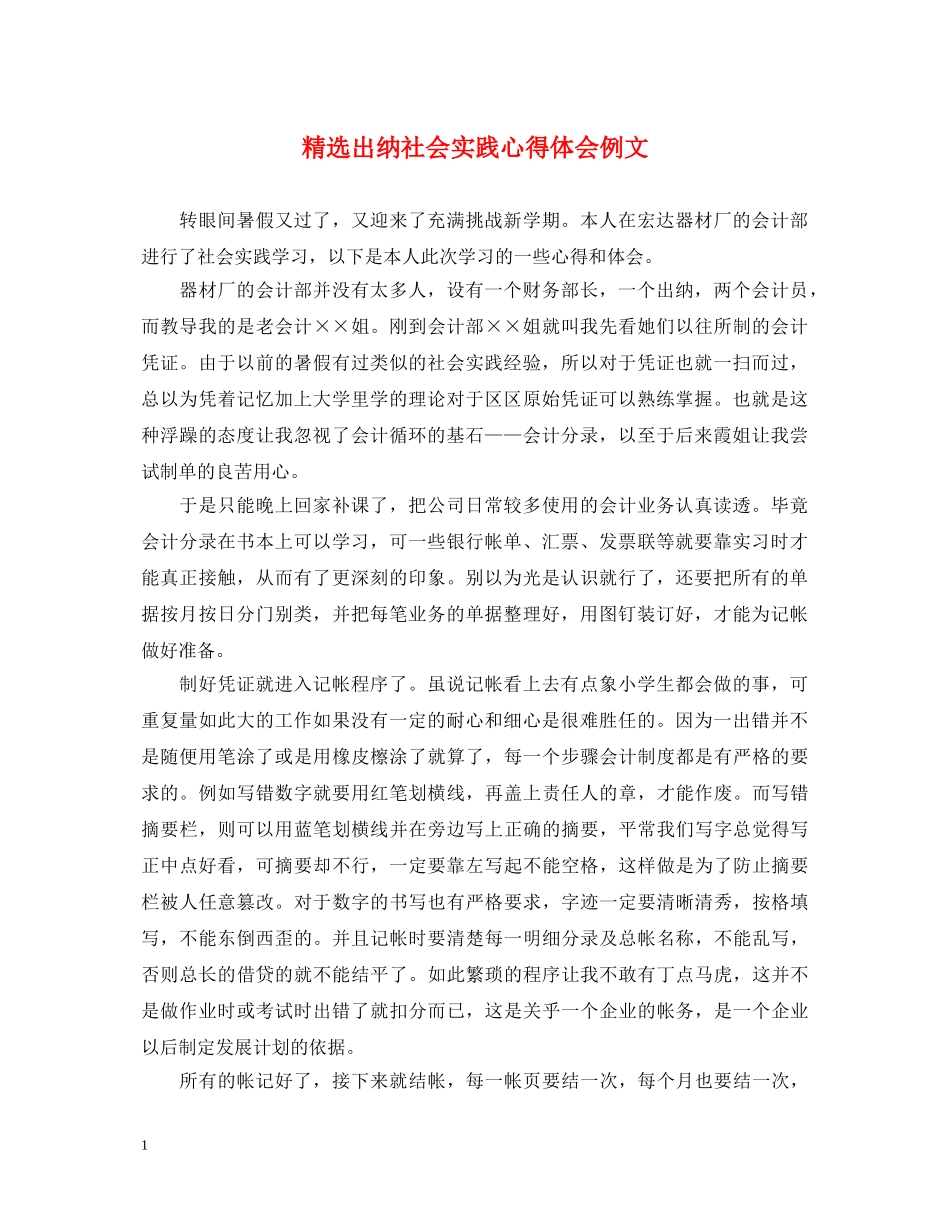 精选出纳社会实践心得体会例文 _第1页