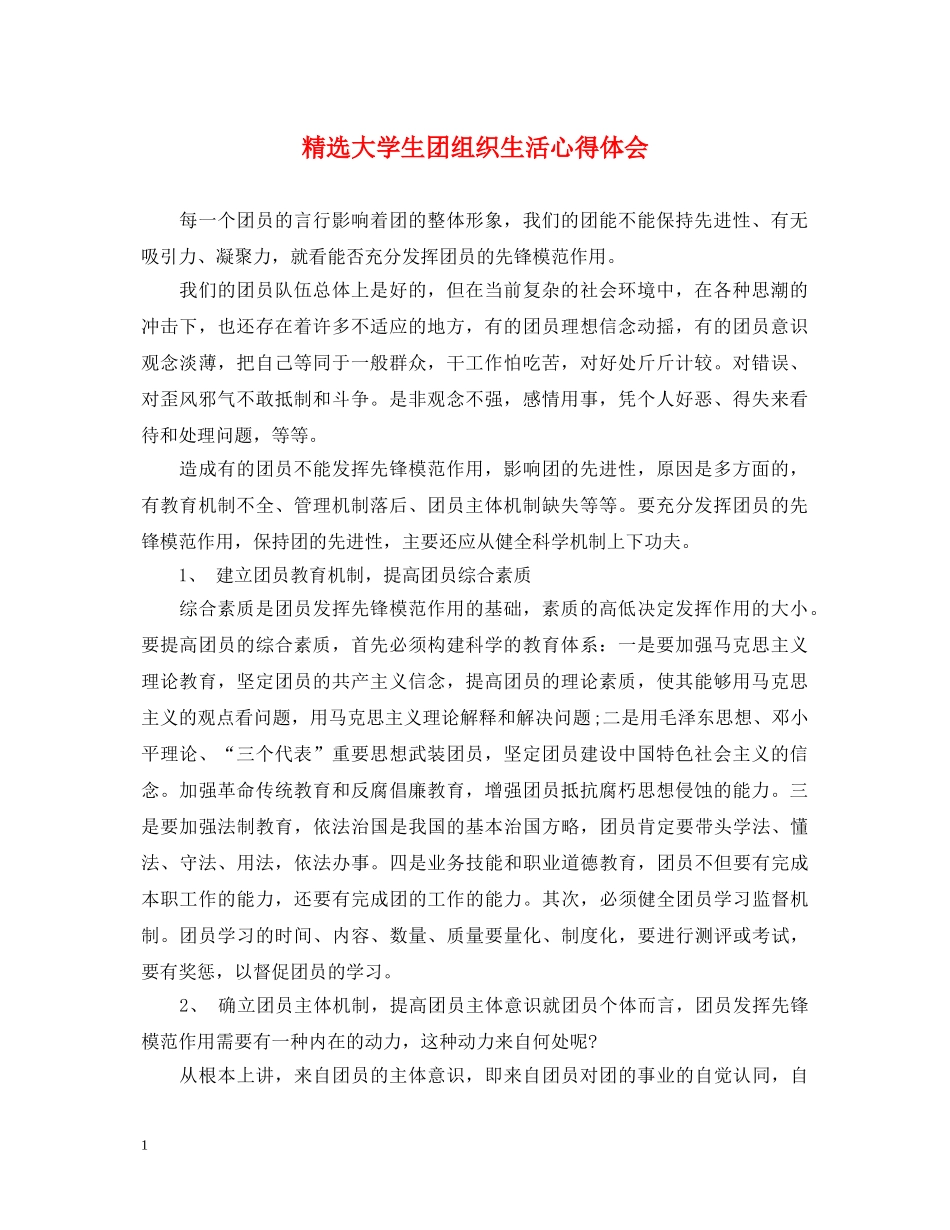 精选大学生团组织生活心得体会 _第1页