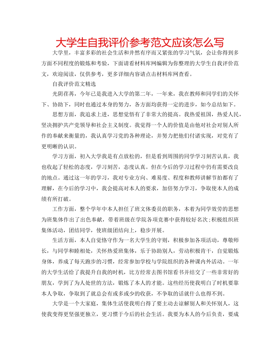 大学生自我评价参考范文应该怎么写 _第1页