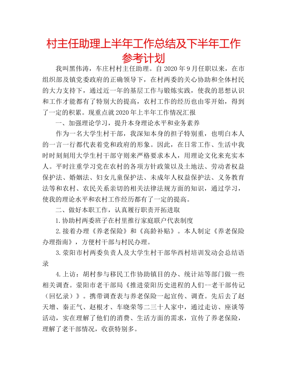 村主任助理上半年工作总结及下半年工作参考计划 _第1页