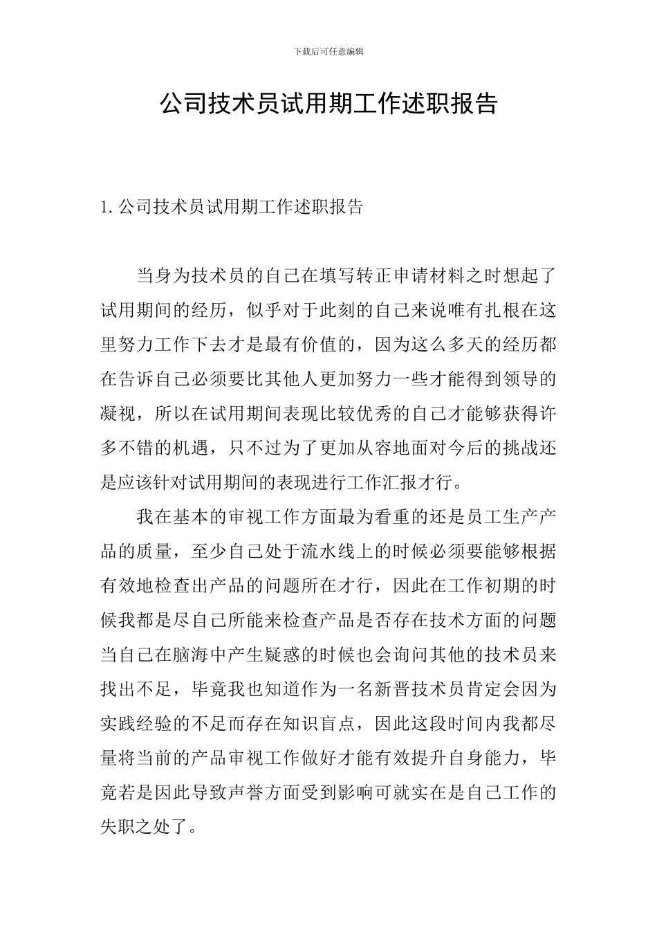 公司技术员试用期工作述职报告_第1页