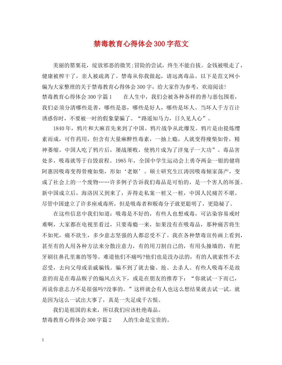 禁毒教育心得体会300字范文 _第1页