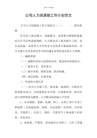 公司人力资源部工作计划范文