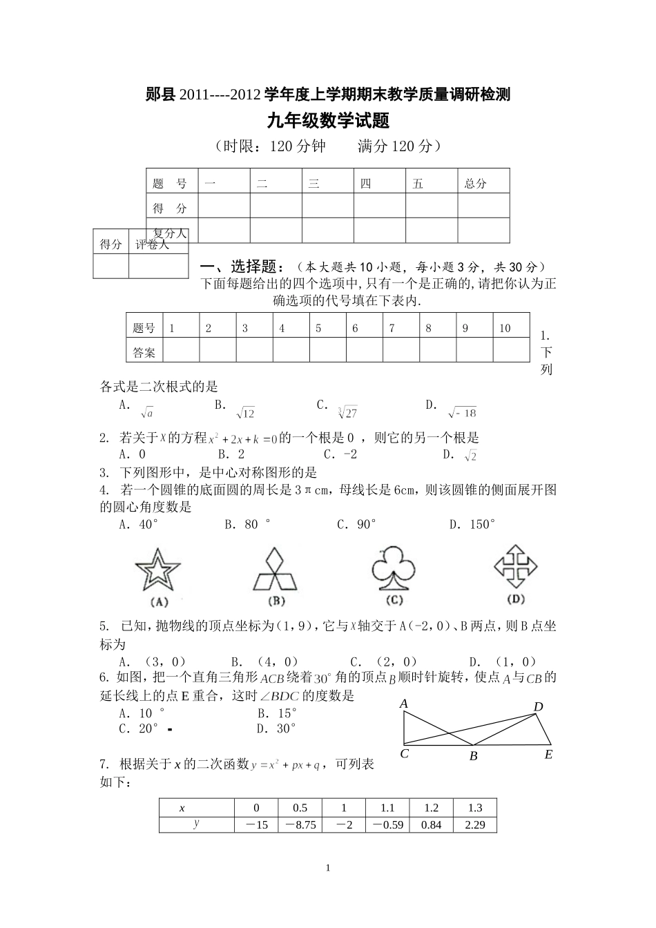 郧县2011-12（九上期末数学试题）_第1页