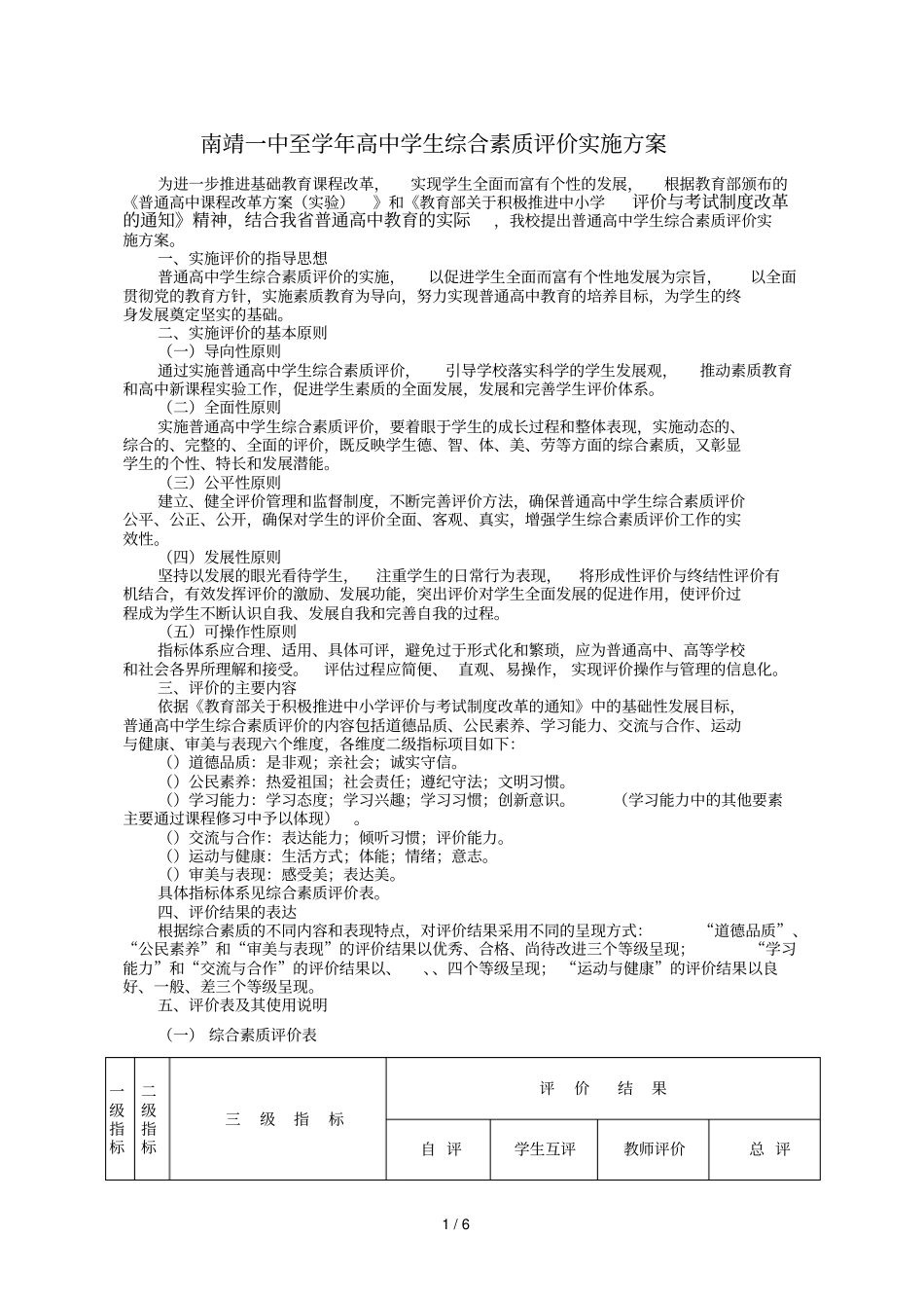 南靖一中至2016学年高中学生综合素质评价实施方案_第1页