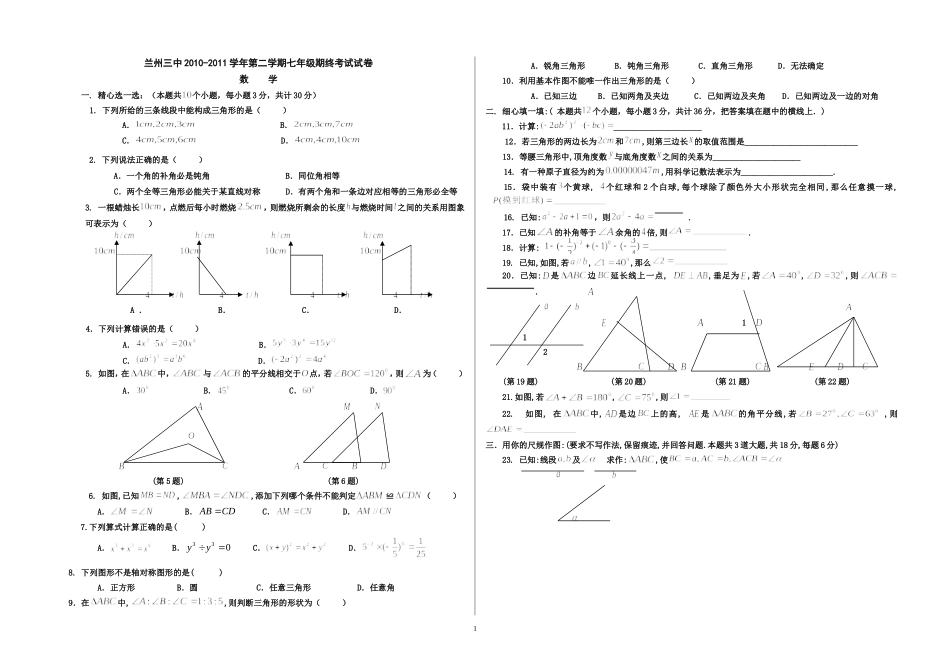 2011七年级（下）期终试卷数学_第1页