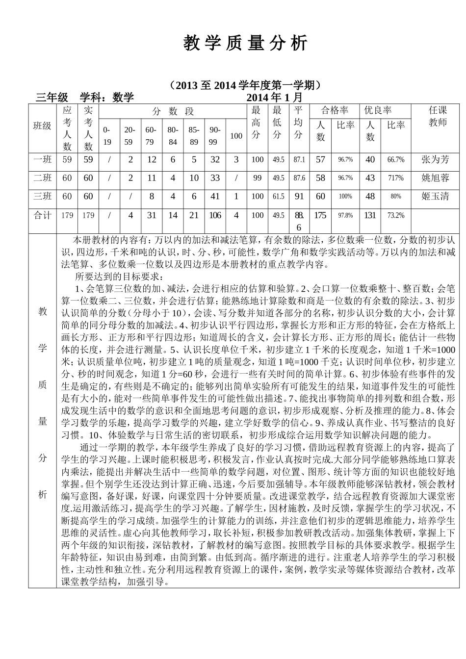 三年级组数学质量分析表201416_第1页