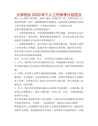 大学班长2020年个人工作参考计划范文 