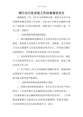银行支行反洗钱工作自查报告范文