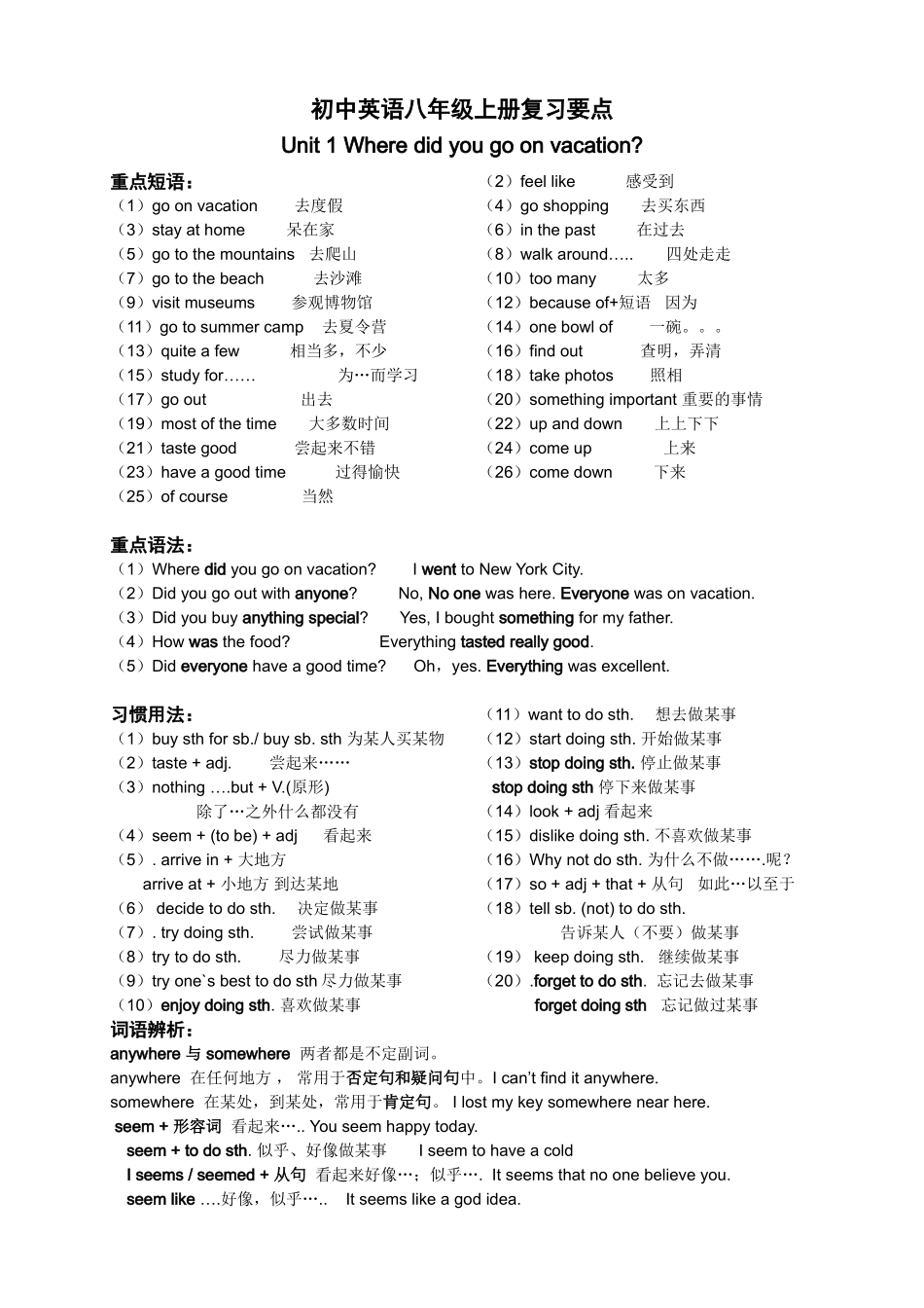 2013新人教版八年级上册英语知识要点短语句型语法讲解(精华版)_第1页