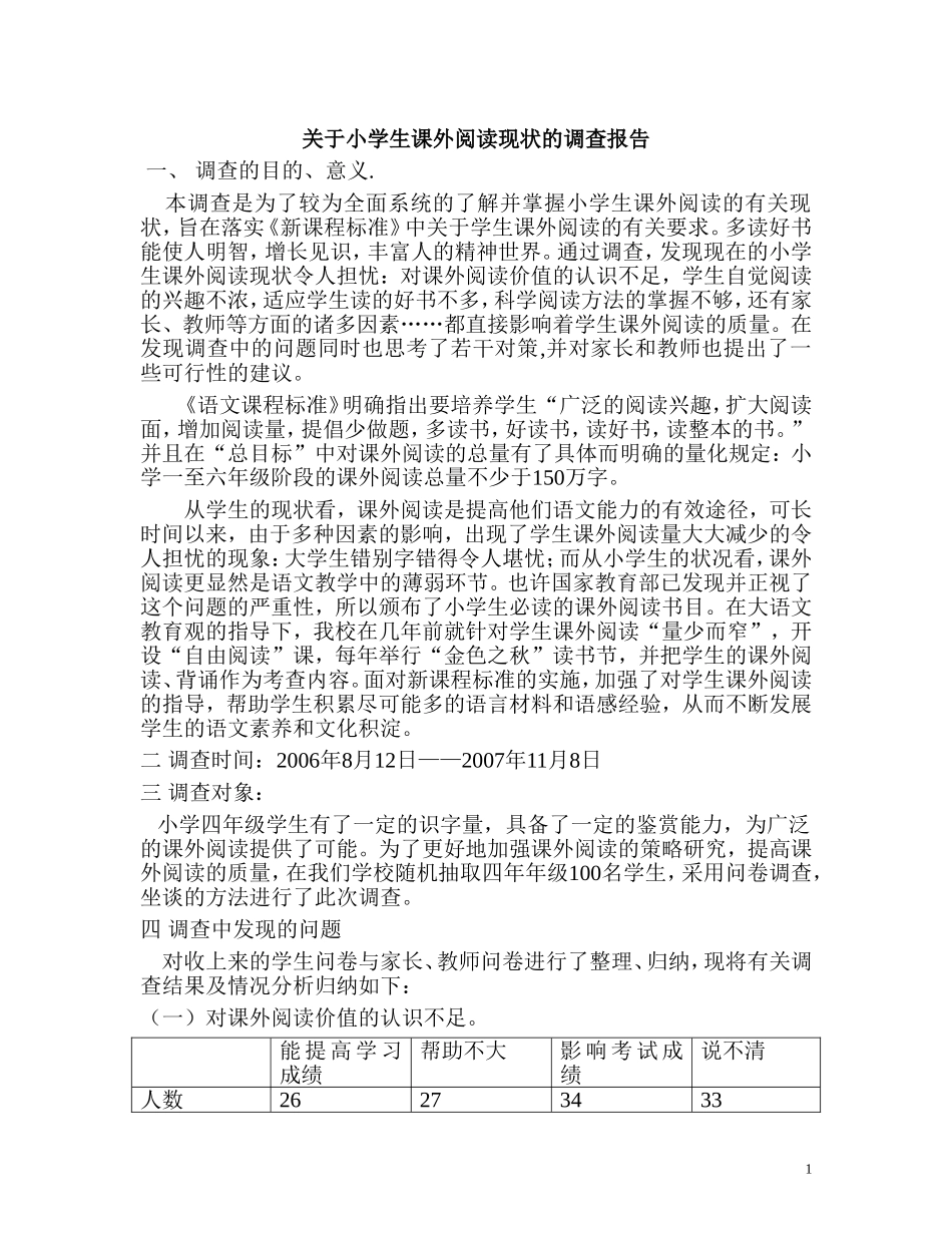 关于小学生课外阅读现状的调查报告_第1页