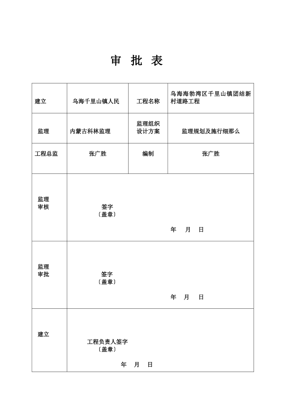 乌海市海勃湾区千里山镇团结新村道路工程监理规划及实施细则_第1页