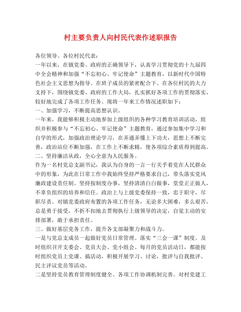 村主要负责人向村民代表作述职报告 _第1页