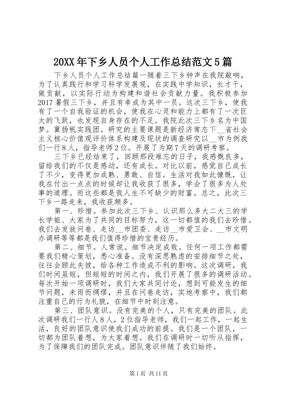20XX年下乡人员个人工作总结范文5篇_第1页