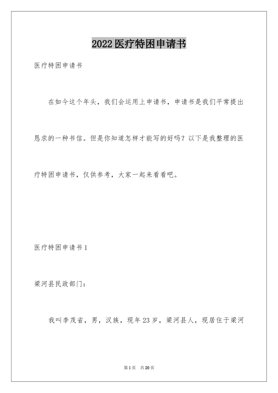 2024医疗特困申请书_第1页
