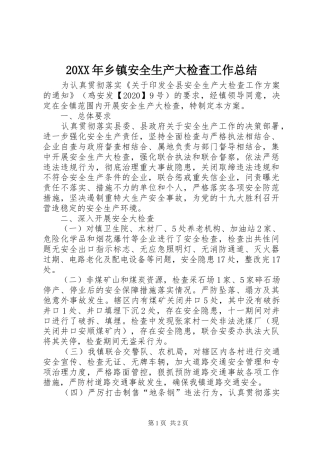20XX年乡镇安全生产大检查工作总结 