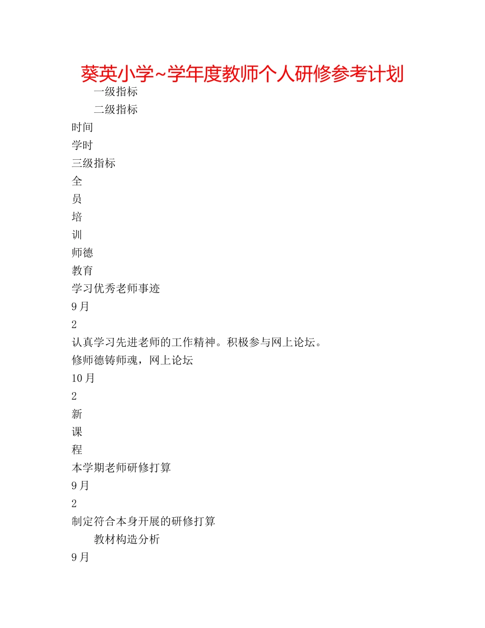 葵英小学~学年度教师个人研修参考计划 _第1页